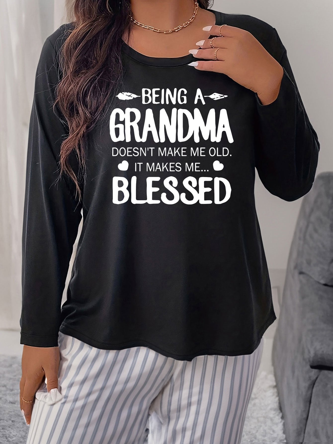 Women's Plus Size Letter Graphic Long Sleeve Round Neck Home Wear T shirt