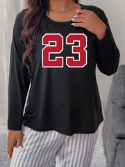 Women's Plus Size Number Graphic Long Sleeve Round Neck T-shirt