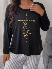 Leopard Cross Letter Graphic Plus Size Long Sleeve T-shirt