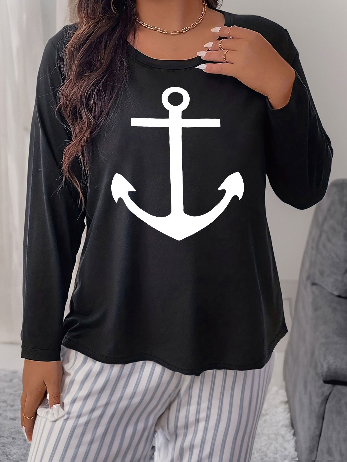 Women's Plus Size Anchor Graphic Long Sleeve Round Neck Home Wear T shirt