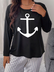 Women's Plus Size Anchor Graphic Long Sleeve Round Neck Home Wear T shirt
