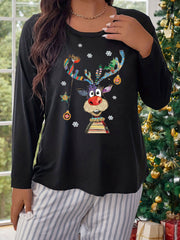 Women's Plus Size Elk & Snowflake Graphic Long Sleeve Round Neck T-shirt