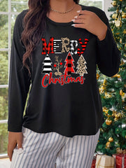 Women's Plus Size Christmas Tree & Letter Graphic Long Sleeve Tee