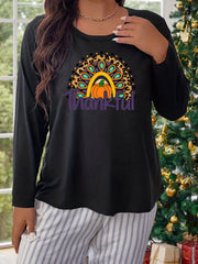 Women's Plus Size Pumpkin & Leopard Arch Graphic Long Sleeve Round Neck T-shirt