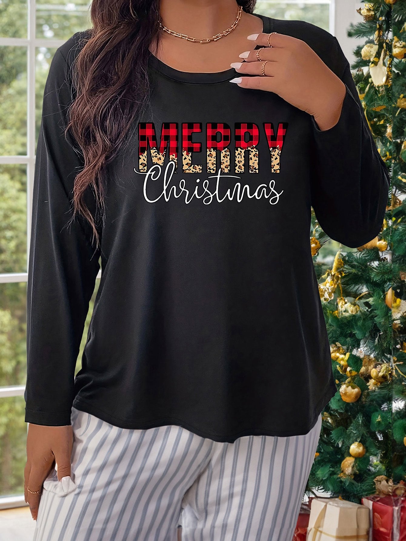 Christmas Long Sleeve Round Neck Sleepwear Top