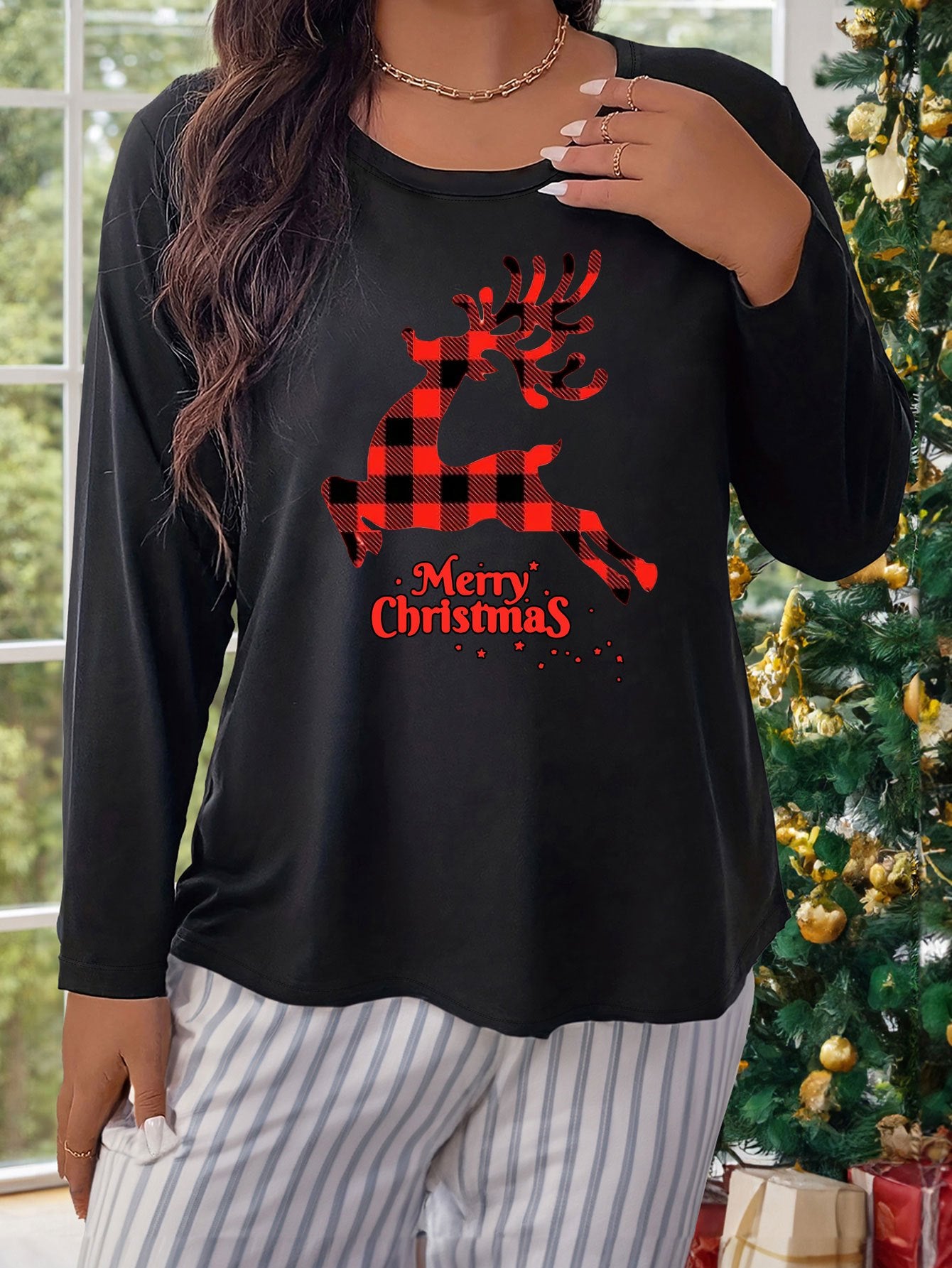 Plaid Elk Graphic Long Sleeve Round Neck Home Wear T shirt