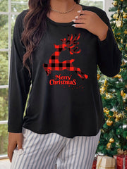 Plaid Elk Graphic Long Sleeve Round Neck Home Wear T shirt