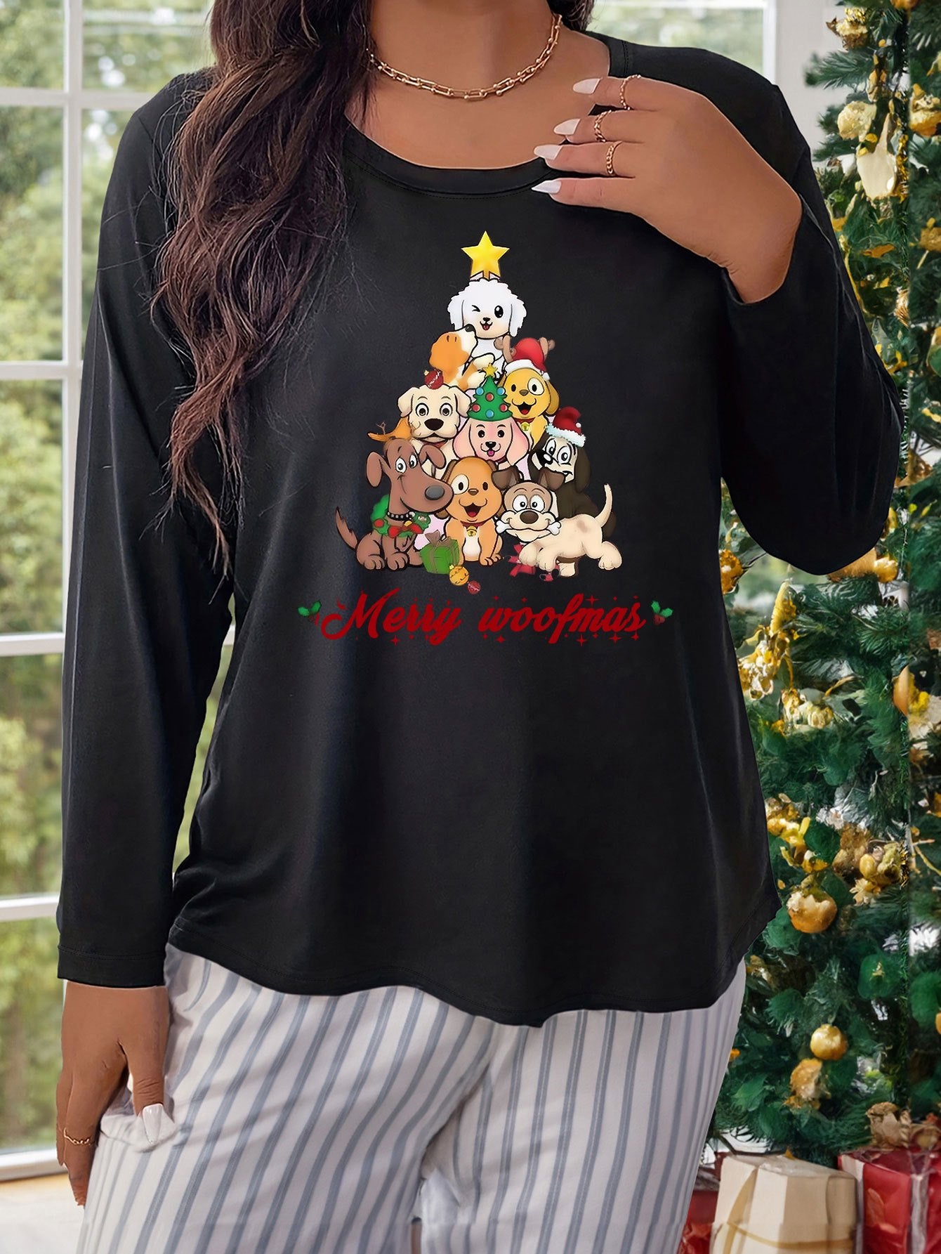 Women's Plus Size Puppies & Christmas Tree Graphic Sleepwear Top