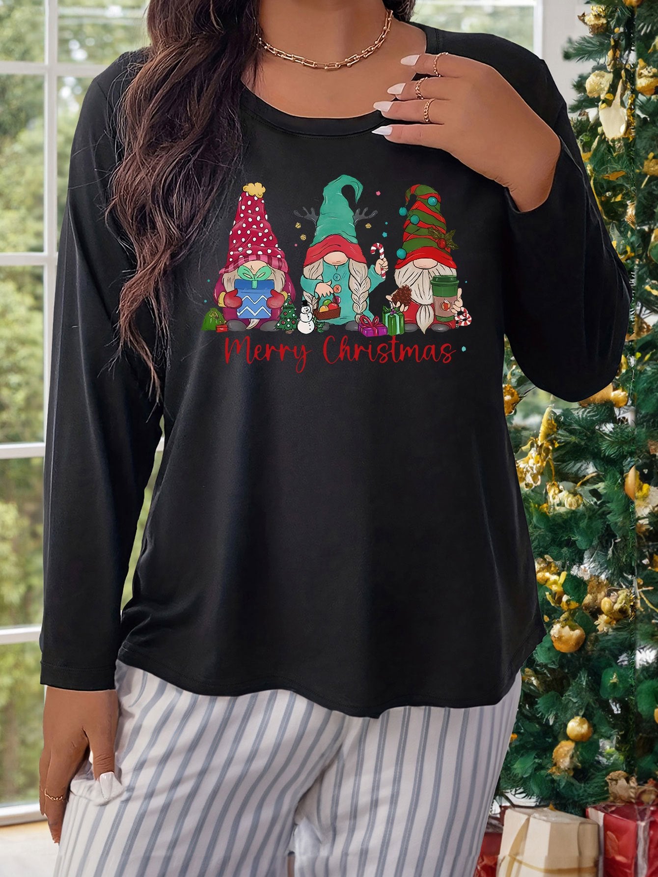 Women's Plus Size Gnomes & Graphic Long Sleeve Sleepwear Top