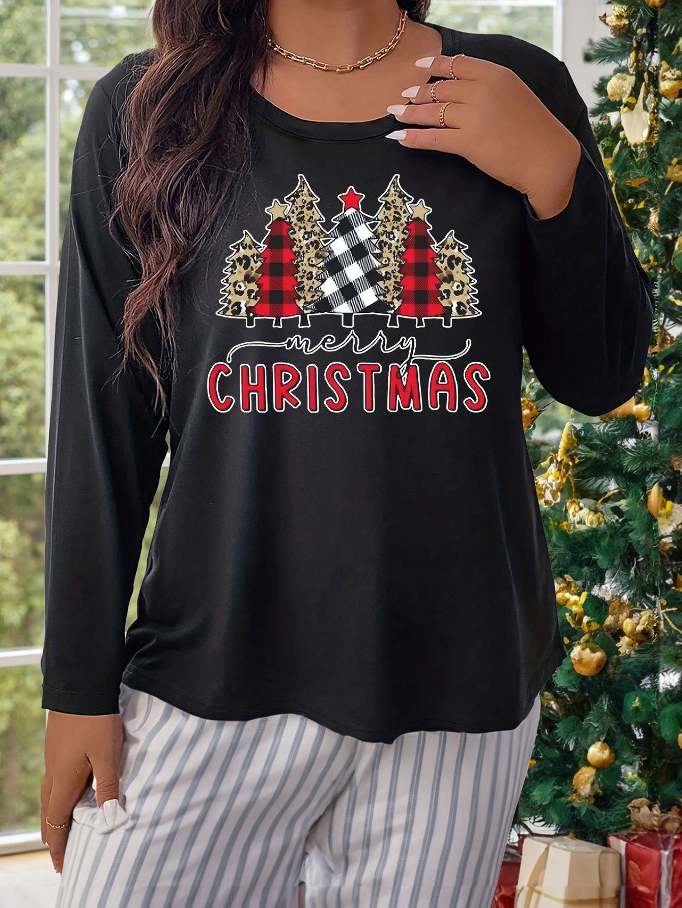 Xmas Tree & Letter Graphic Plus Size Long Sleeve Round Neck T shirt