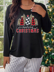 Xmas Tree & Letter Graphic Plus Size Long Sleeve Round Neck T shirt