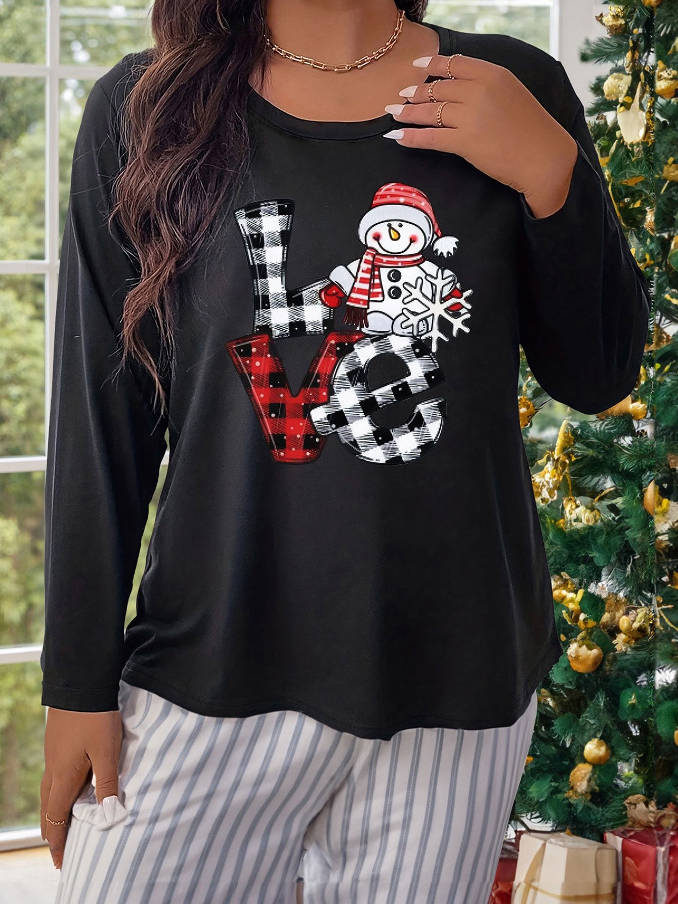 Christmas Snowman Graphic Long Sleeve Round Neck T-shirt