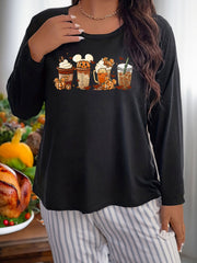 Pumpkin Drinks Long Sleeve Round Neck Home Wear T-shirt
