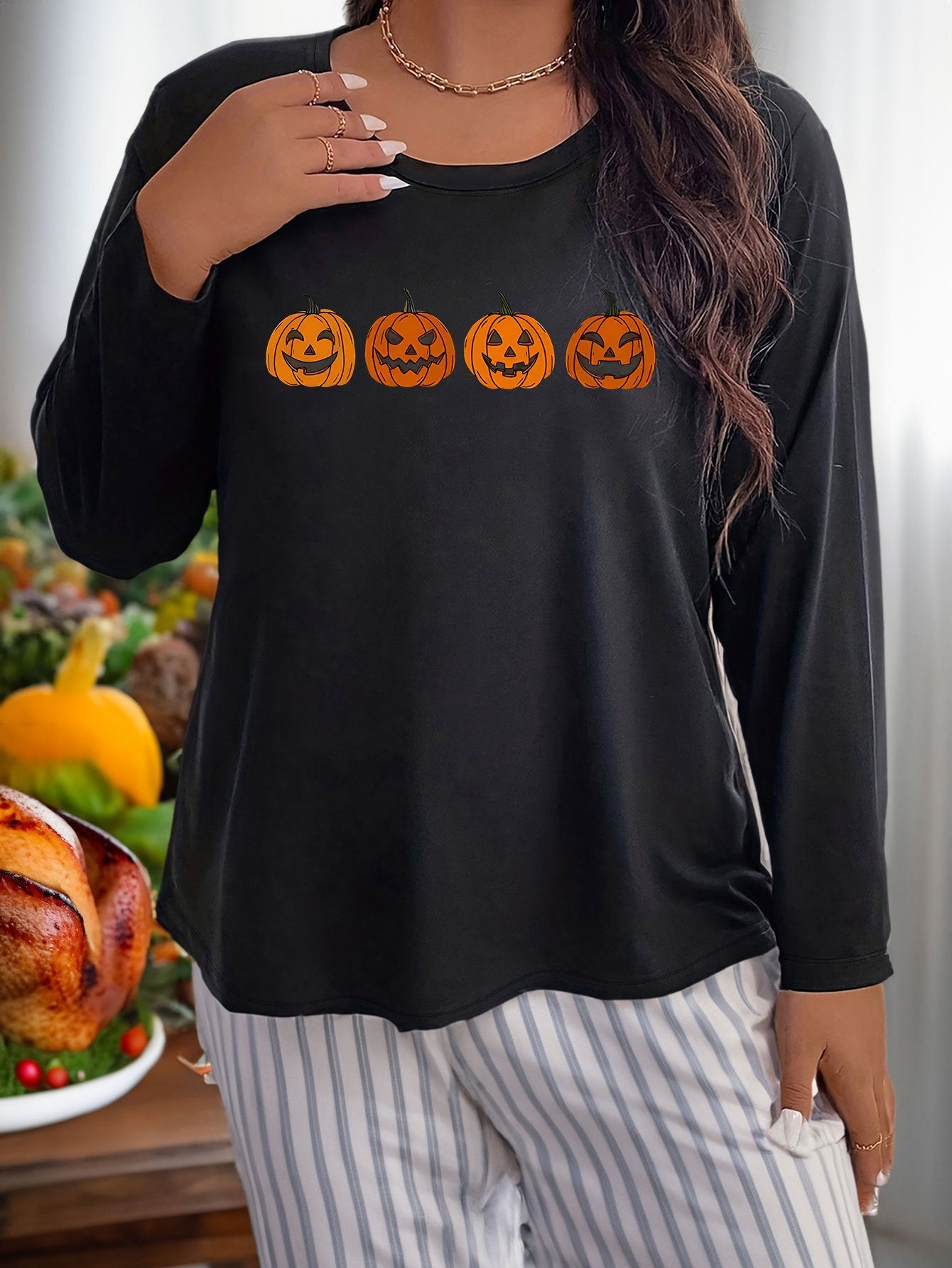 Pumpkin Graphic Long Sleeve Round Neck T-shirt