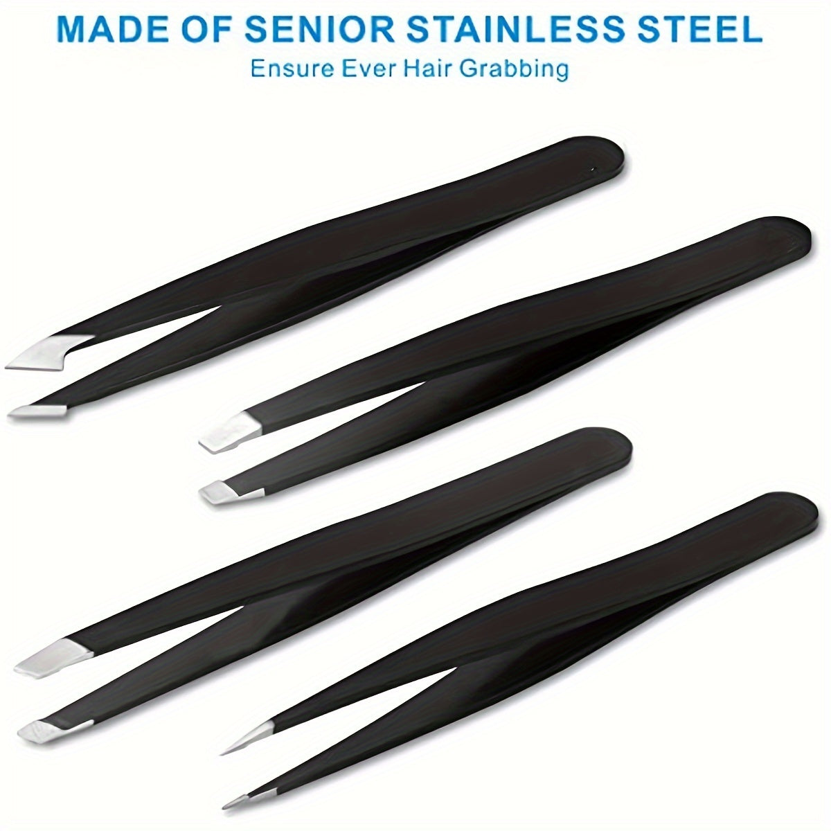 4 Pcs Stainless Steel Tweezers for Eyebrows & Facial Hair