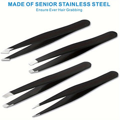 4 Pcs Stainless Steel Tweezers for Eyebrows & Facial Hair