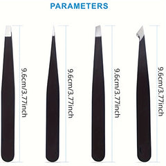 4 Pcs Stainless Steel Tweezers for Eyebrows & Facial Hair
