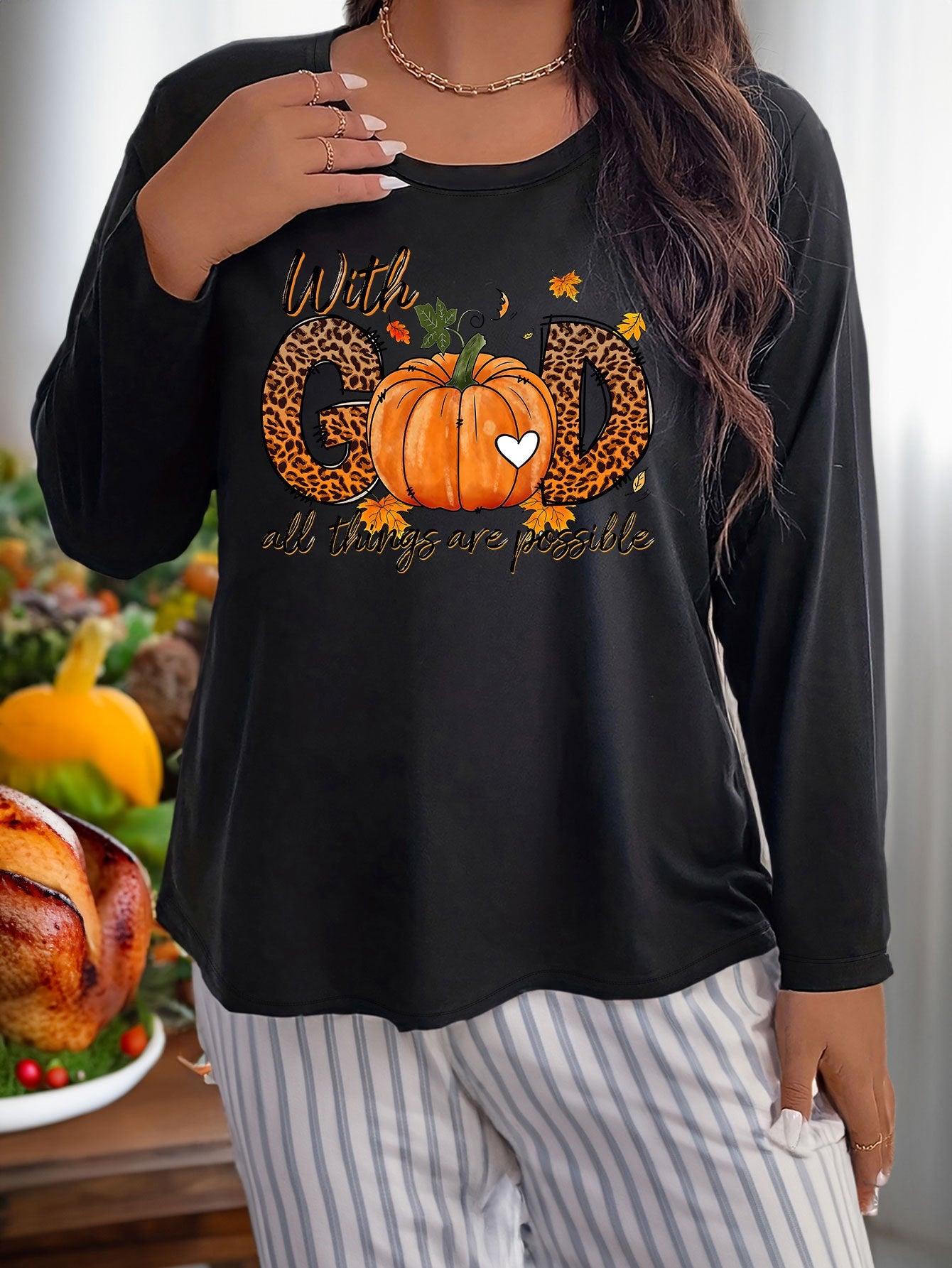 Leopard Pumpkin Graphic Long Sleeve Round Neck T-shirt