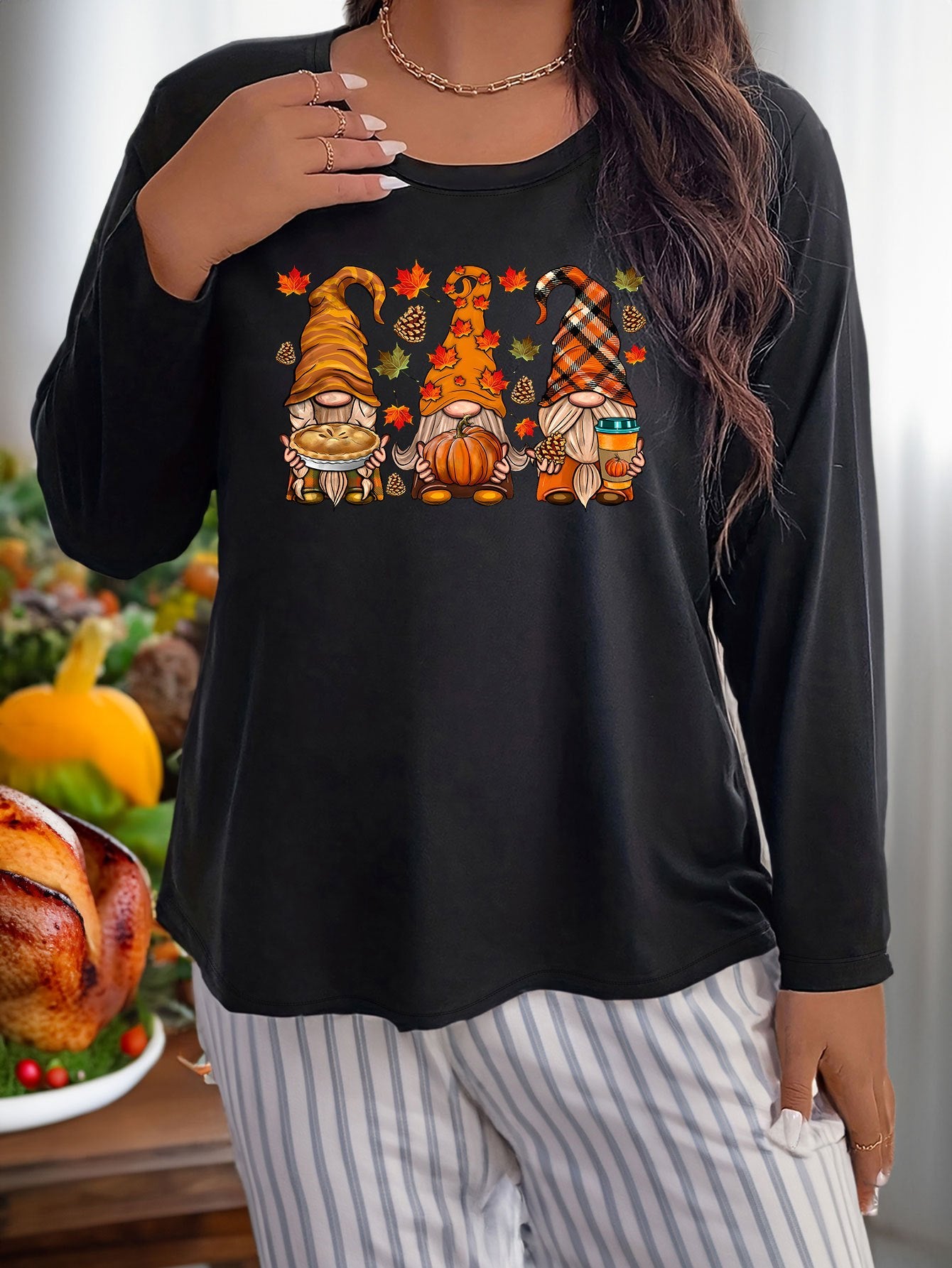 Gnomes Graphic Long Sleeve Round Neck Home Wear T shirt