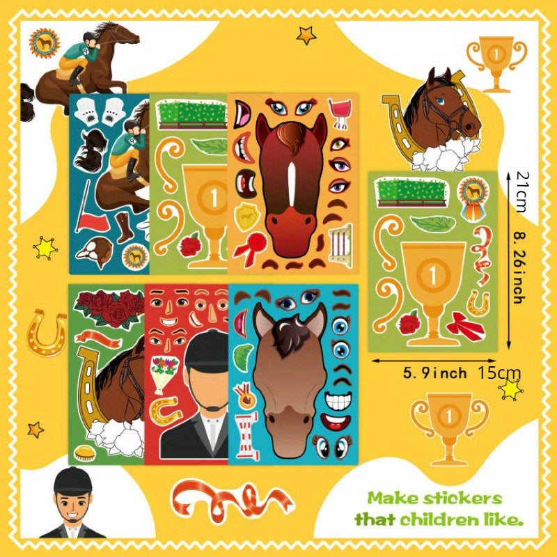 6pcs Elf Horse Puzzle DIY Stickers Adhesive Cartoon Horse Face Changing