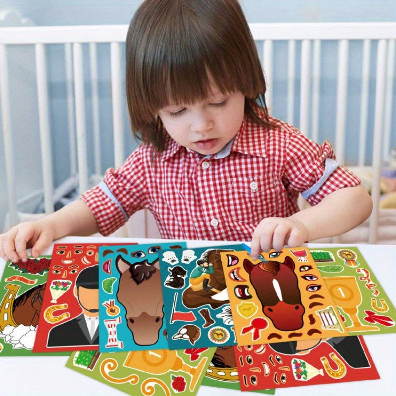 6pcs Elf Horse Puzzle DIY Stickers Adhesive Cartoon Horse Face Changing