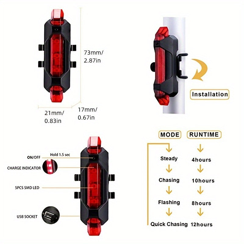 2pcs LED Rear Bike Tail Light USB Rechargeable 4 Modes Safety Bicycle Taillights