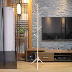 Wooden Coat Rack Standing with 8 Hooks - Easy Assembly for Coats, Hats, Scarves