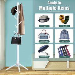 Wooden Coat Rack Standing with 8 Hooks - Easy Assembly for Coats, Hats, Scarves