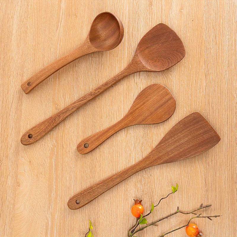 Wooden Kitchen Utensils Set - Non Stick Spatula & Long Handle Spoon