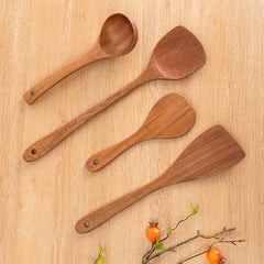 Wooden Kitchen Utensils Set - Non Stick Spatula & Long Handle Spoon