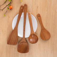 Wooden Kitchen Utensils Set - Non Stick Spatula & Long Handle Spoon