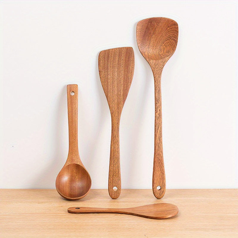 Wooden Kitchen Utensils Set - Non Stick Spatula & Long Handle Spoon
