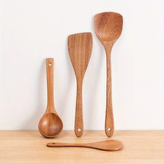 Wooden Kitchen Utensils Set - Non Stick Spatula & Long Handle Spoon