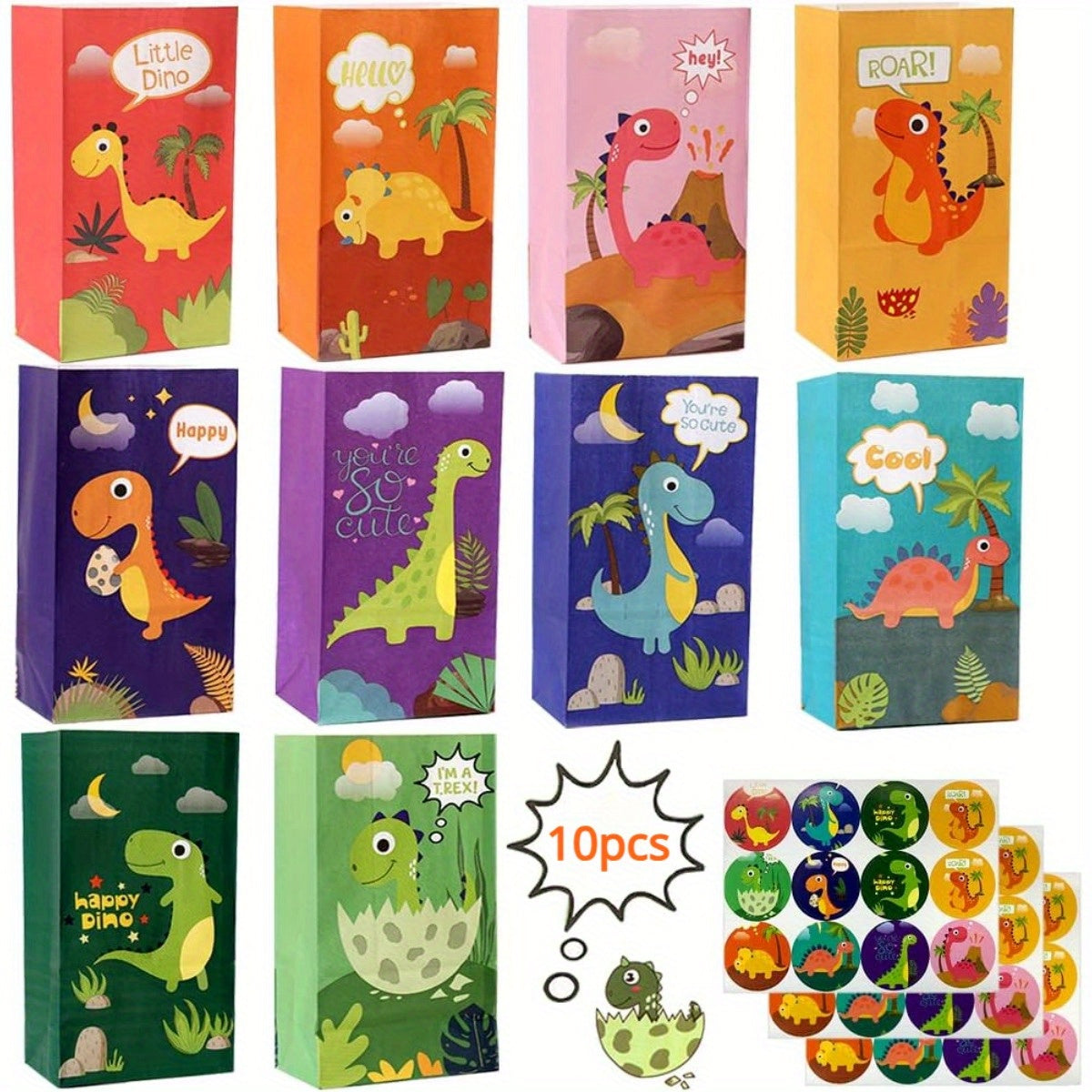 10pcs Dino Party Bags Thicken Dinosaur Paper Treat Bags with Stickers