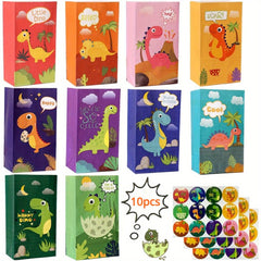 10pcs Dino Party Bags Thicken Dinosaur Paper Treat Bags with Stickers