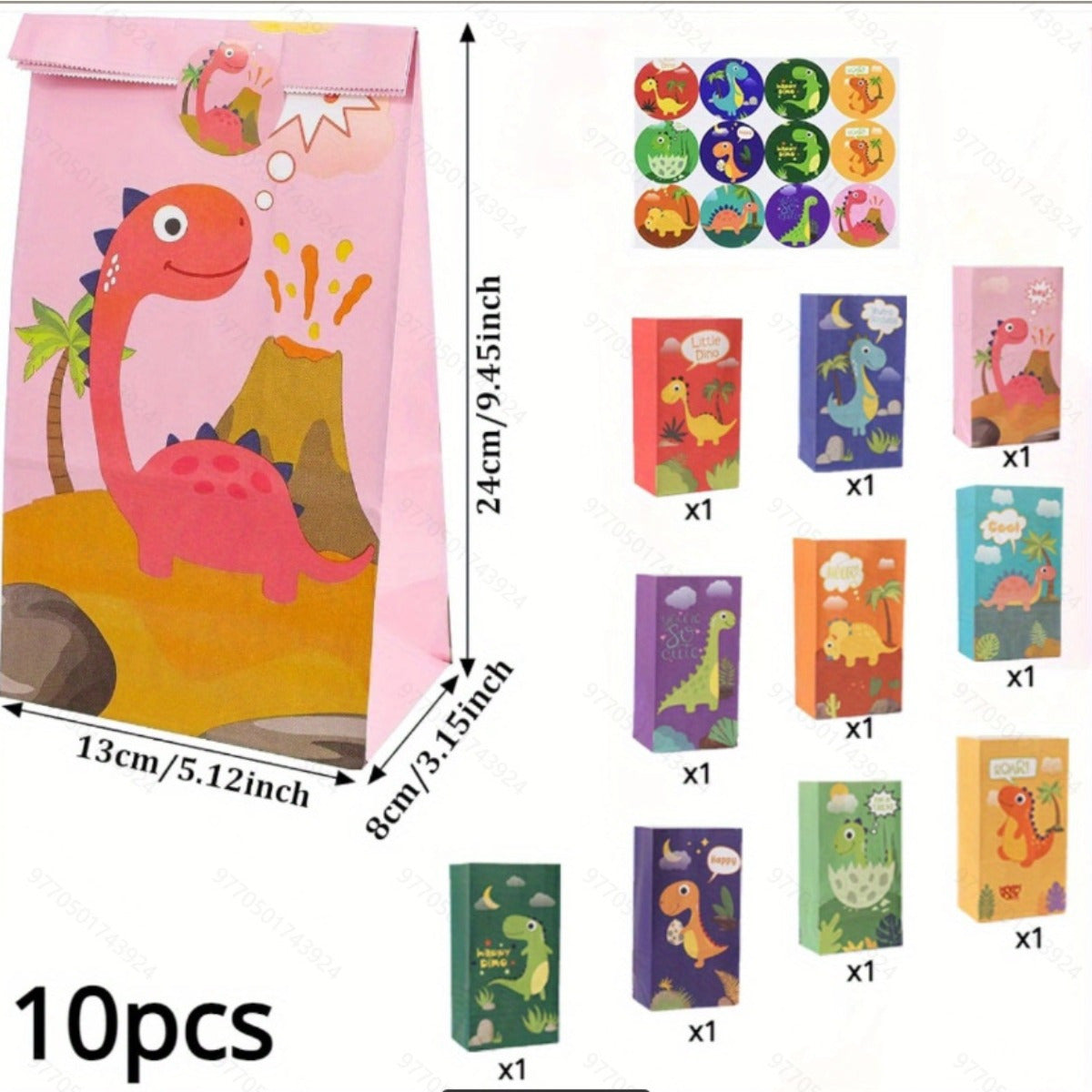 10pcs Dino Party Bags Thicken Dinosaur Paper Treat Bags with Stickers