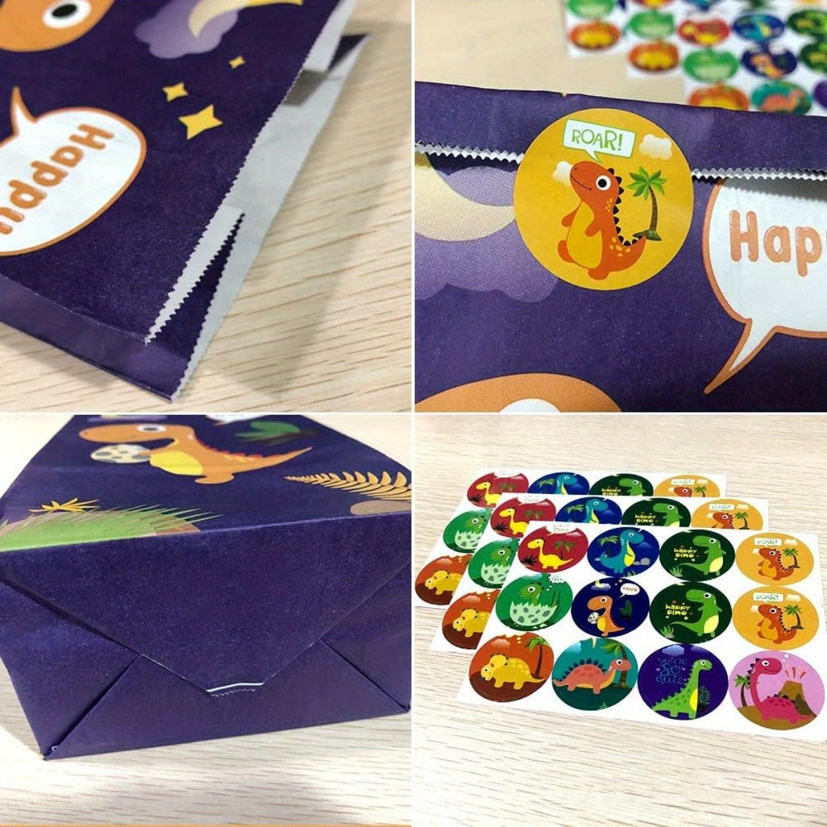 10pcs Dino Party Bags Thicken Dinosaur Paper Treat Bags with Stickers