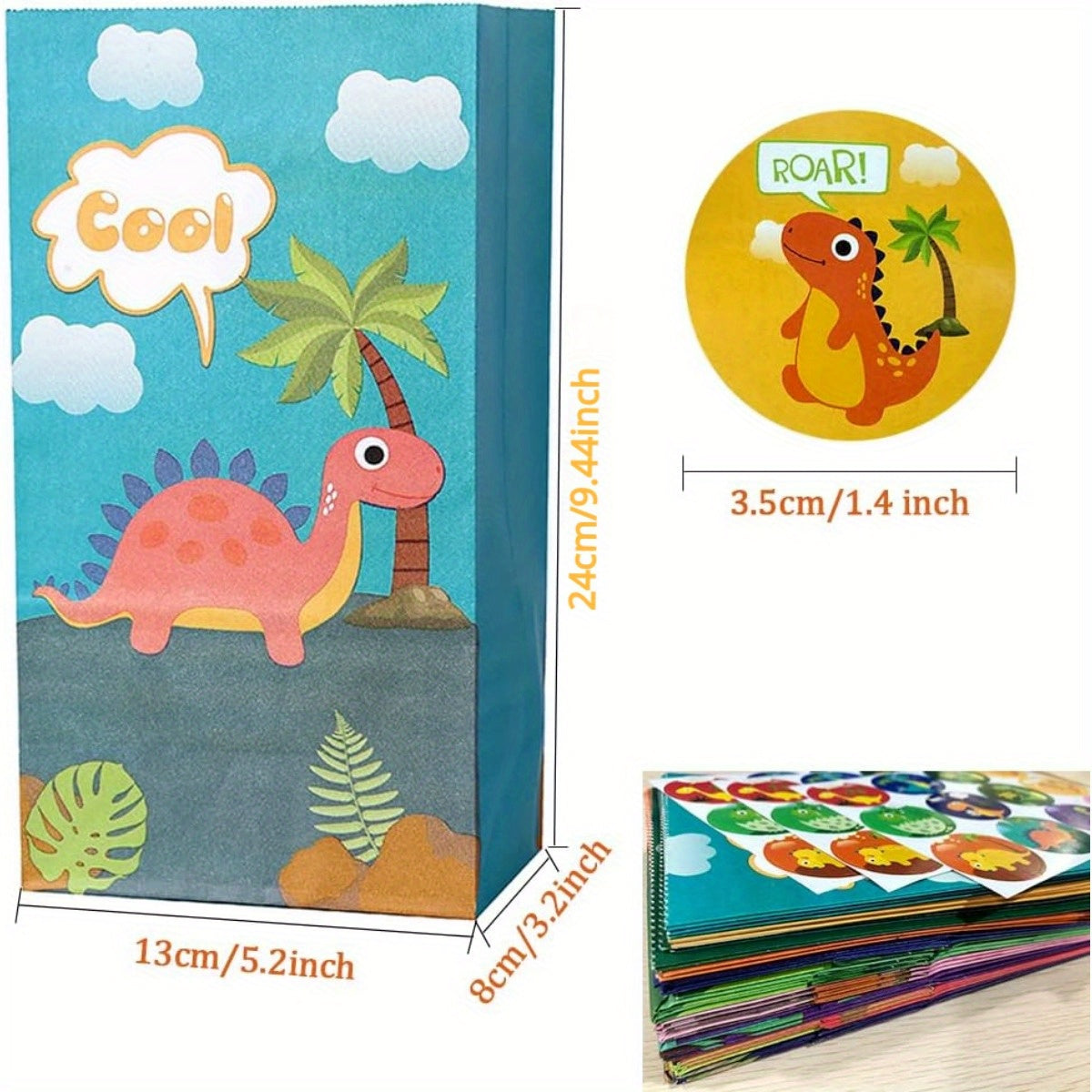10pcs Dino Party Bags Thicken Dinosaur Paper Treat Bags with Stickers