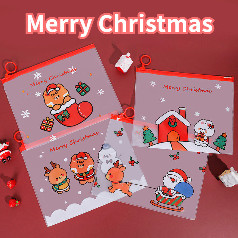 4pcs Cartoon Christmas Ring File Bag Zipper Bag Stationery Storage