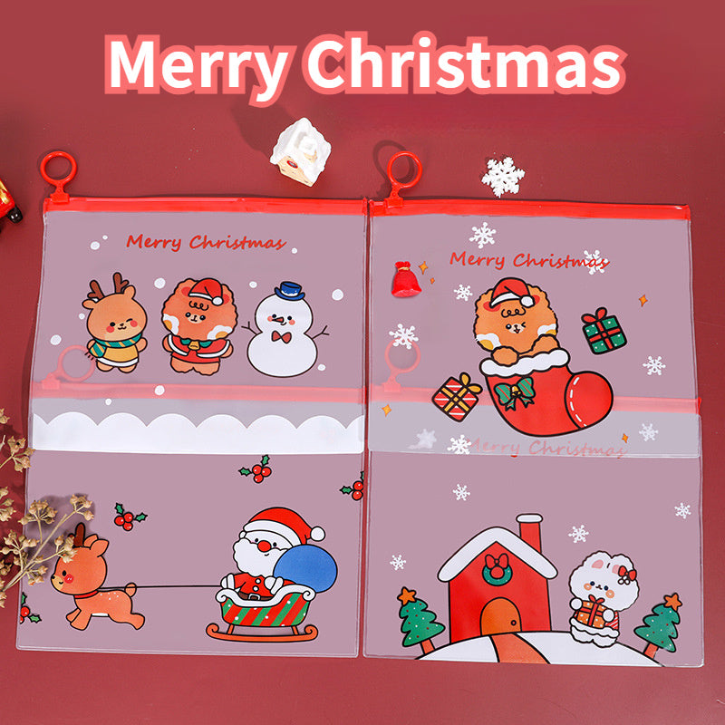 4pcs Cartoon Christmas Ring File Bag Zipper Bag Stationery Storage