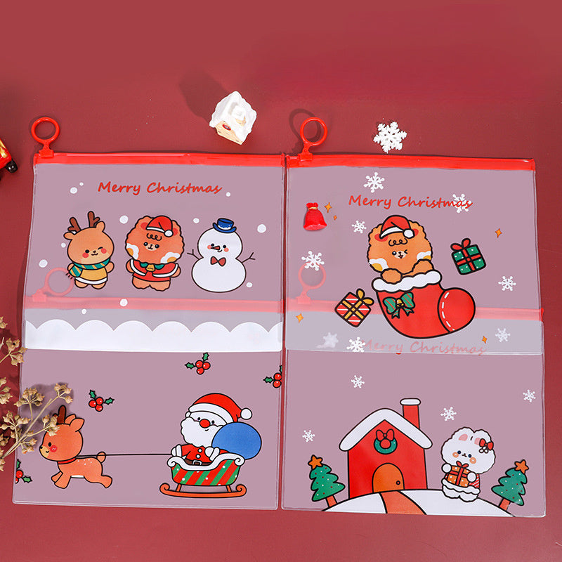 4pcs Cartoon Christmas Ring File Bag Zipper Bag Stationery Storage