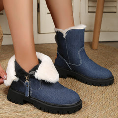 Women's Denim Mid Calf Boots Fleece Lined Thermal Snow Boots