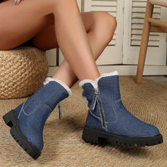 Women's Denim Mid Calf Boots Fleece Lined Thermal Snow Boots