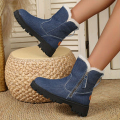 Women's Denim Mid Calf Boots Fleece Lined Thermal Snow Boots