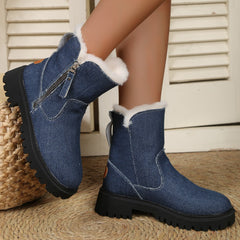 Women's Denim Mid Calf Boots Fleece Lined Thermal Snow Boots