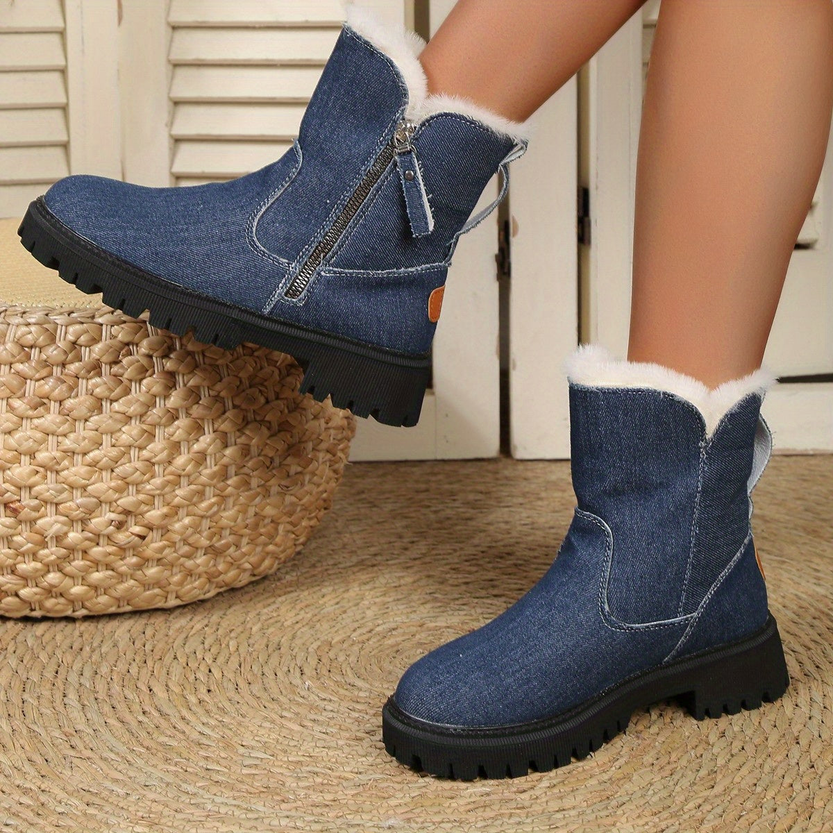 Women's Denim Mid Calf Boots Fleece Lined Thermal Snow Boots