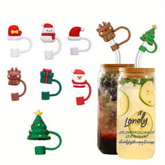 7pcs Christmas Straw Cap 8mm Reusable Straw Plugs Dustproof Cup Decoration