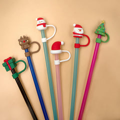 7pcs Christmas Straw Cap 8mm Reusable Straw Plugs Dustproof Cup Decoration
