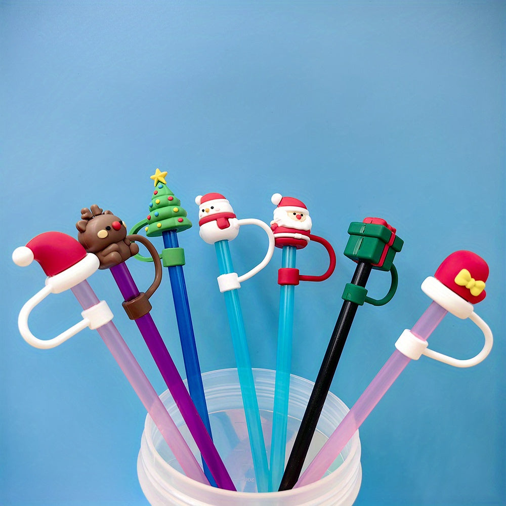 7pcs Christmas Straw Cap 8mm Reusable Straw Plugs Dustproof Cup Decoration