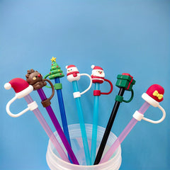 7pcs Christmas Straw Cap 8mm Reusable Straw Plugs Dustproof Cup Decoration